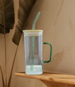 ⁦مج زجاج مربع بيد غطاء خشب بالشاليموا  اخضر⁩ - الصورة ⁦2⁩