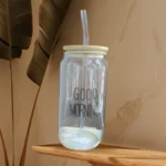 مج زجاج مدور غطاء خشب بالشاليموا