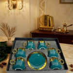 طقم قهوة بورسلين بالطبق 12 قطعة مدور - زيتي