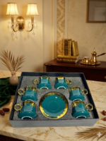 طقم قهوة بورسلين بالطبق 12 قطعة مدور - زيتي