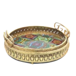 طقم صينيه 2 قطعة مدور معدن زجاج  - احمر و اخضر