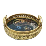 طقم صينيه 2قطعة مدور معدن  - زجاج طاوس