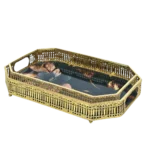 طقم صينيه 2 قطعة مستطيل معدن  - زجاج ورد