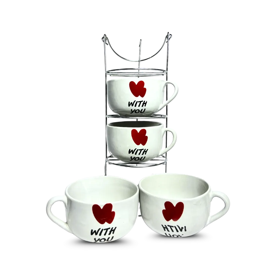 PO-205-1003-4 (1) طقم بولة شوربة 4 قطع بورسلين حامل اسانسير-ابيض قلب فراشه - الصورة 1