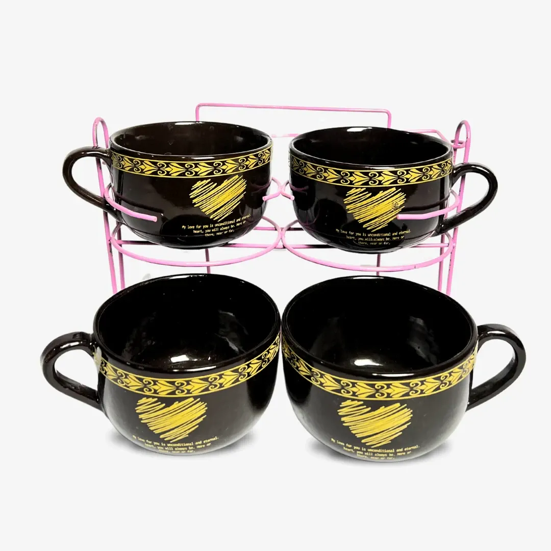 PO-205-1020-2 طقم بولةشوربة 4 قطع بورسلين حامل قفص-اسود قلب - الصورة 1