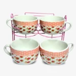 طقم بولة شوربة 4 قطع بورسلين حامل قفص-ابيض ورد