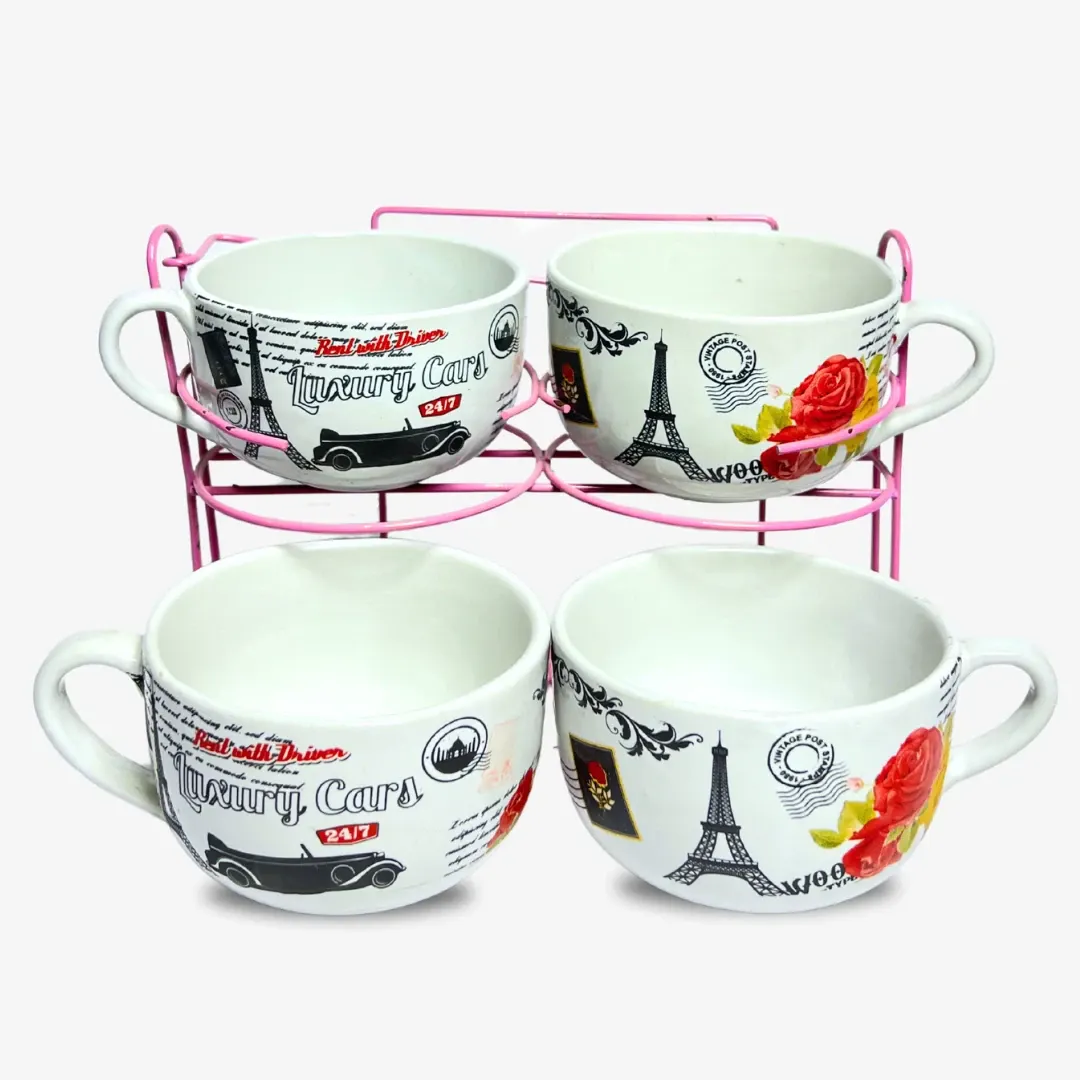 PO-205-1020-4 (1) طقم بولة شوربة 4 قطع بورسلين حامل قفص-برج ايفل - الصورة 1