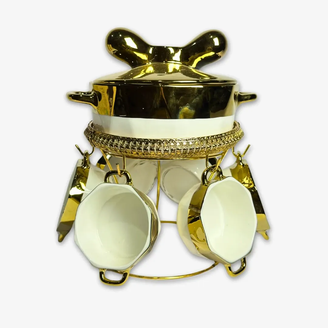 PO-205-1102-1 (1) طقم شوربة بالحله غطاء فيونكه على حامل دهبى - الصورة 1