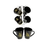 طقم مج كافية بورسلين كلاسيك 6 قطع بالحامل-اسود ورق شجر