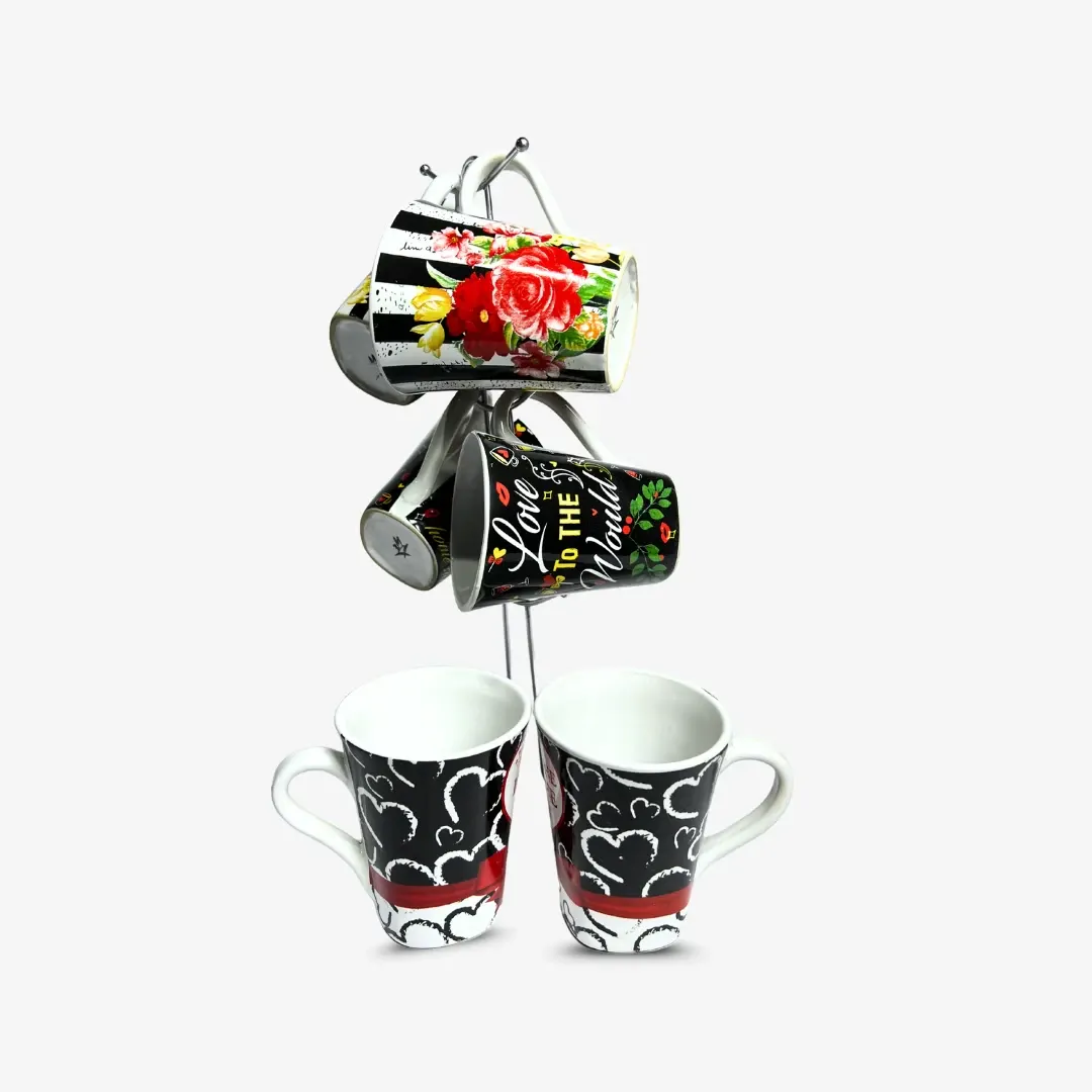 PO-402-810-1 (1) طقم مج كافية بورسلين 6 قطع بالحامل-ورود - الصورة 1