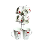 طقم مج كافية بورسلين 6 قطع بالحامل-ابيض ارنب