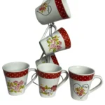 طقم مج كافية بورسلين 6 قطع بالحامل ورد احمر