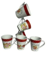 طقم مج كافية بورسلين 6 قطع بالحامل ورد احمر