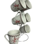 طقم مج كافية بورسلين 6 قطع بالحامل ابيض ورد