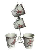 ⁦طقم مج كافية بورسلين 6 قطع بالحامل ابيض ورد⁩ - الصورة ⁦2⁩