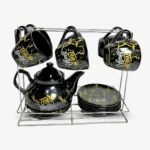 طقم شاى بورسلين بالبراد 15 قطعة اسود رخامي بالحامل