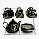 طقم شاى بورسلين بالبراد 15 قطعة اسود قلب بالحامل