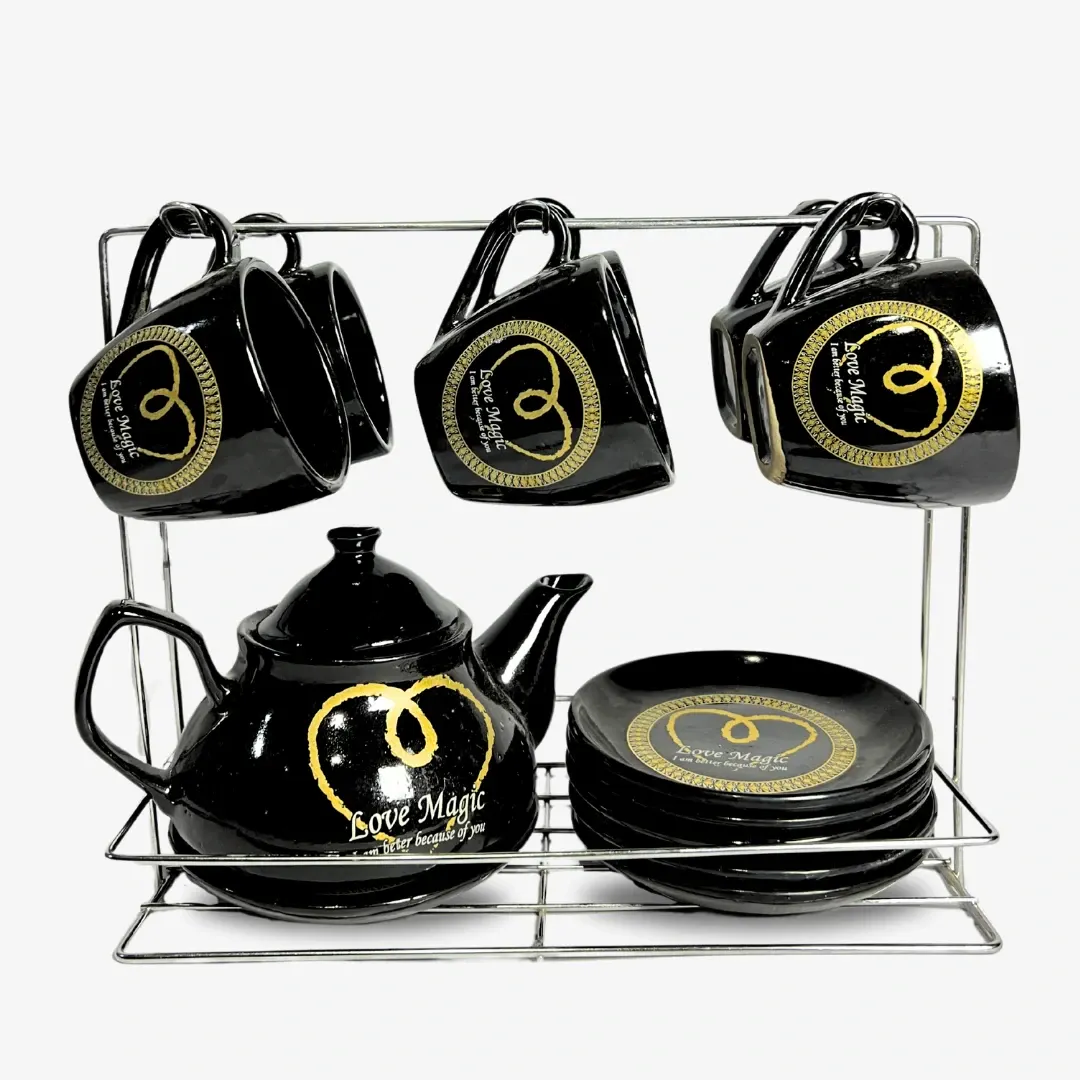 PO-406-1038-2 (1) طقم شاى بورسلين بالبراد 15 قطعة اسود قلب بالحامل - الصورة 1