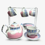 طقم شاى بورسلين بالبراد 15 قطعة ابيض ازرق بالحامل