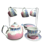 ⁦طقم شاى بورسلين بالبراد 15 قطعة ابيض ازرق بالحامل⁩ - الصورة ⁦2⁩