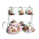 طقم شاى بورسلين بالبراد 15 قطعة ابيض روز بالحامل