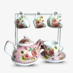 ⁦طقم شاى بورسلين بالبراد 15 قطعة ابيض روز بالحامل⁩ - الصورة ⁦2⁩