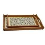 طقم صينيه تقديم 2 قطعة خشب و زجاج ارابسك