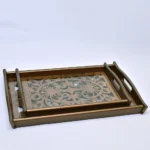 طقم صينيه تقديم 2 قطعة خشب و زجاج ارابسك